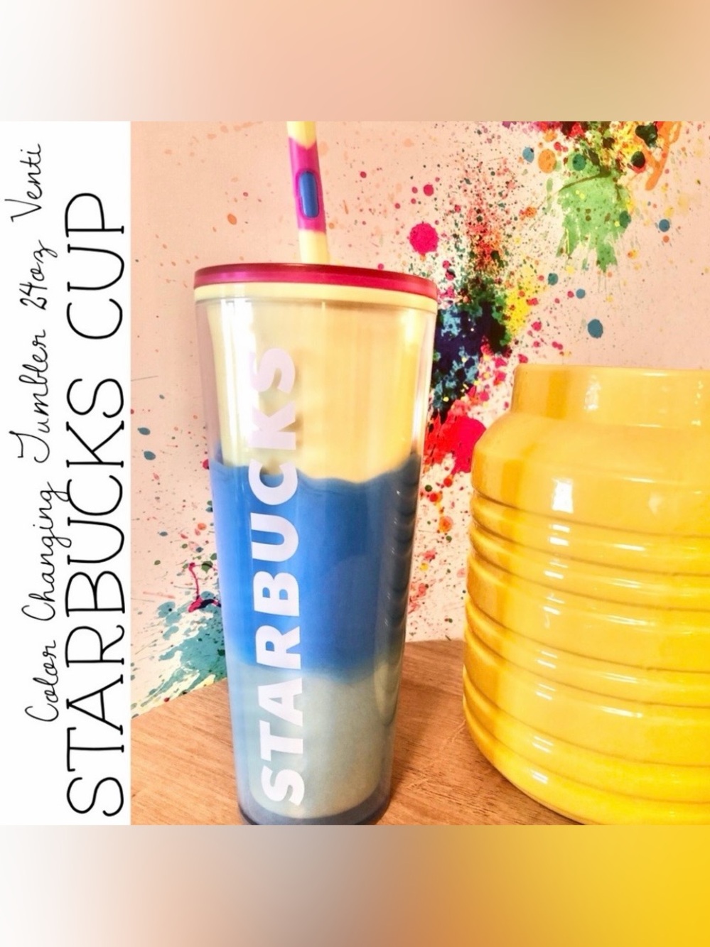 Starbucks Spring Straw Topper Blue Wave Color Changing Tumbler 24oz Cup Venti